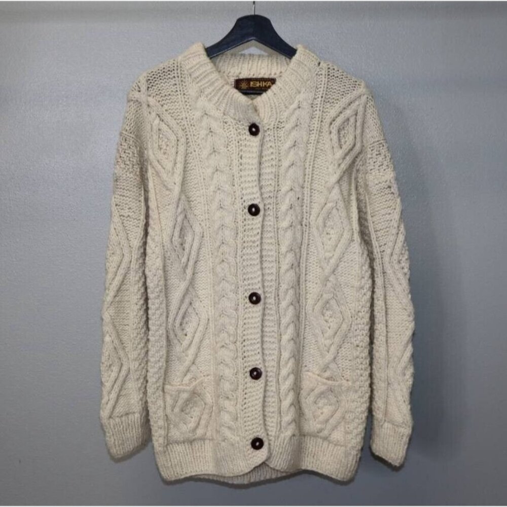 Artesanias Ishka Sweater Womens OS Ivory Wool Fisherman Chunky Knit Cardigan